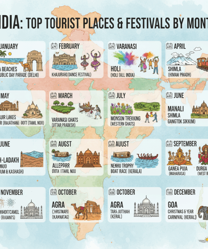 Top Tourist Places and Festivals by Month in India
