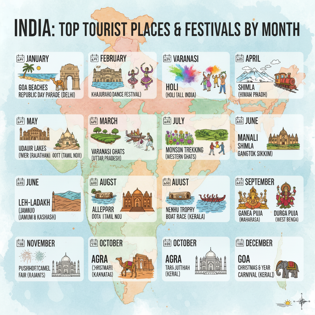 Top Tourist Places and Festivals by Month in India