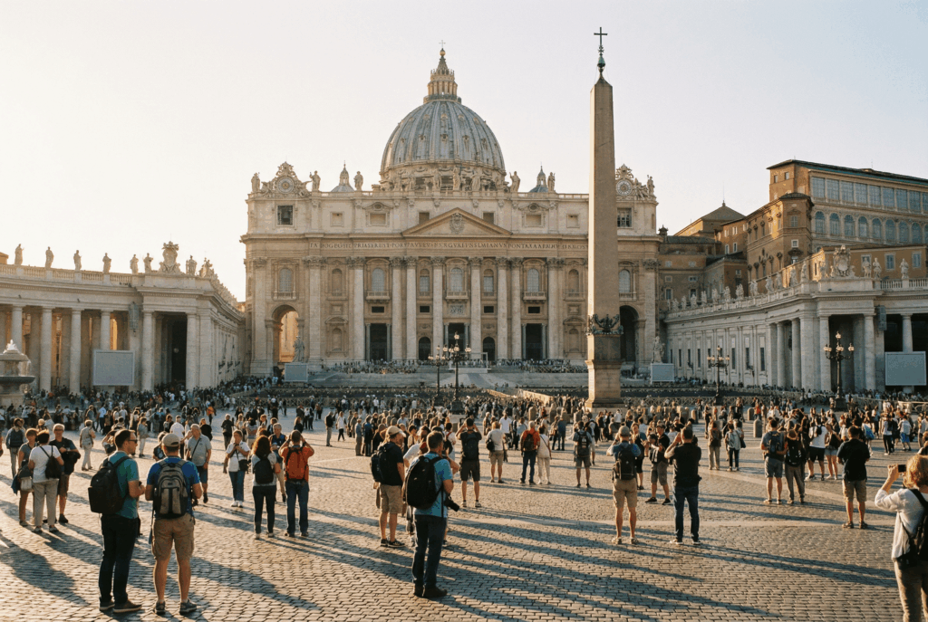 St. Peter's Basilica and St. Peter's Square Vatican City during golden hour, pilgrims