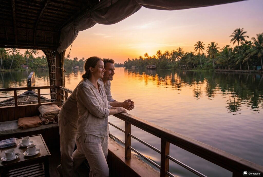 couple enjoying Kerala backwaters houseboat cruise