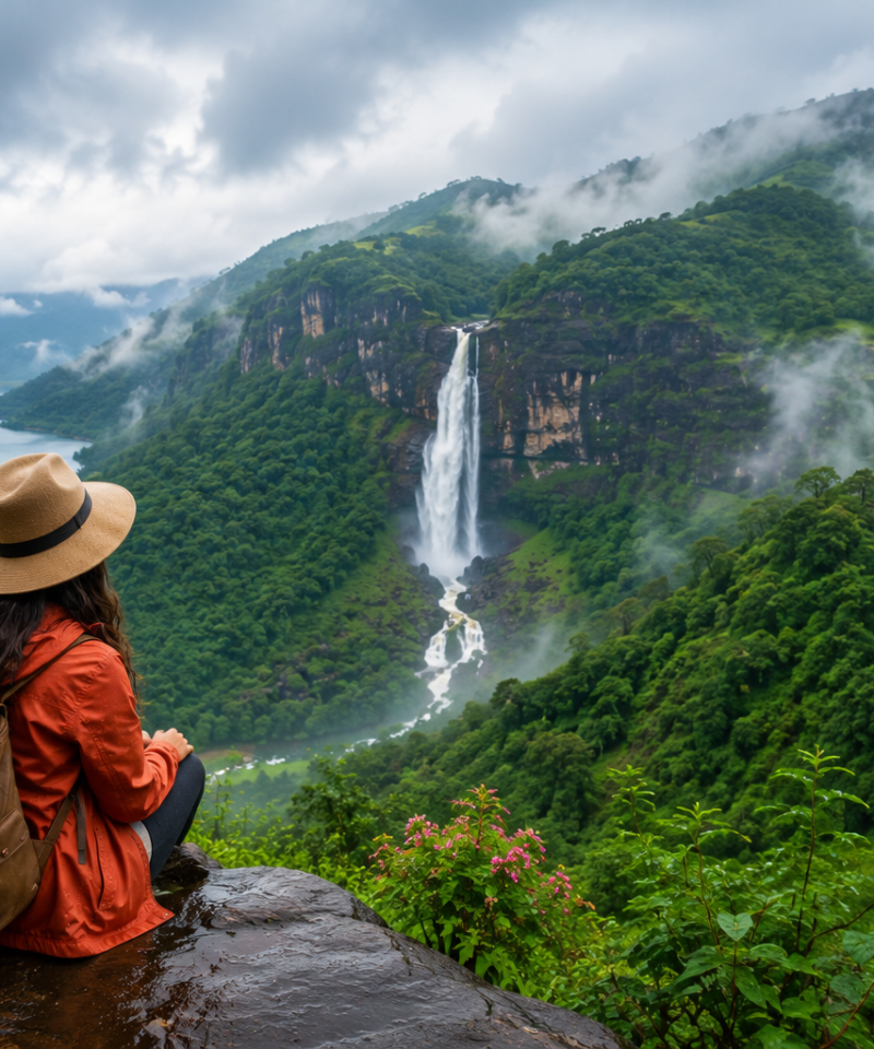 Contemplative traveler in rainy valley