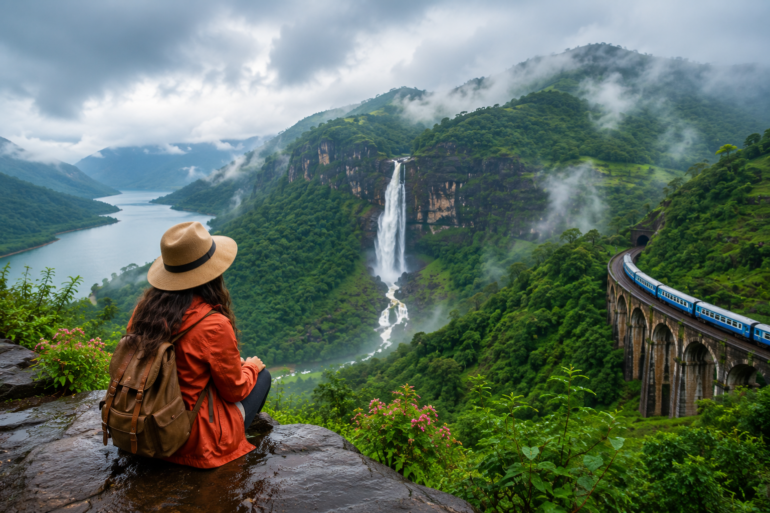 Contemplative traveler in rainy valley