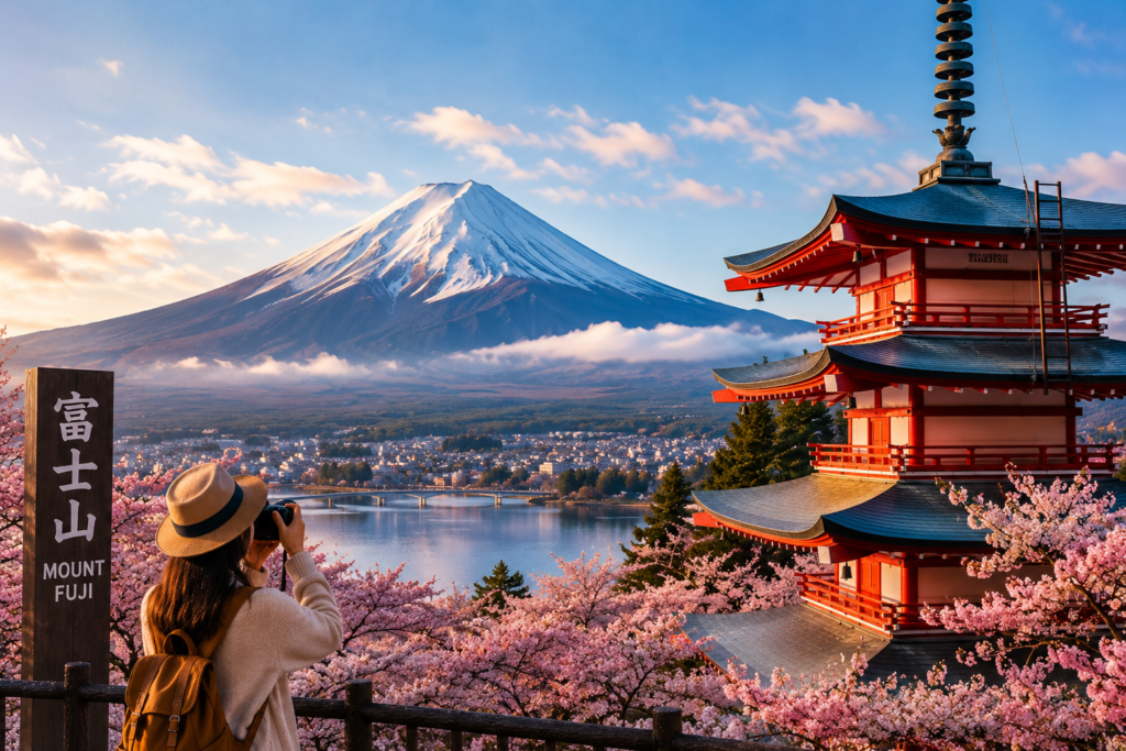 Cherry blossoms and Mount Fuji
