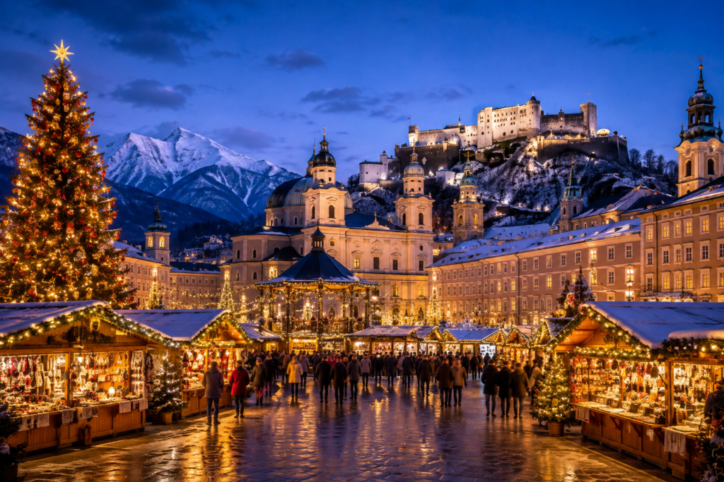 Austria Tour Festive Christmas Market Beneath Snowy Mountains