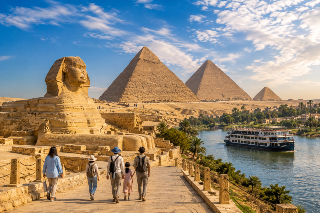 Egypt, Giza Plateau Panorama with Nile Cruise